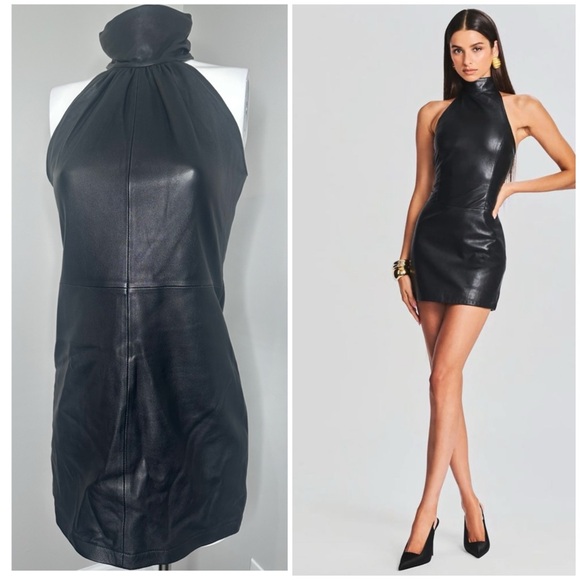 Elegant Black Halter Leather Mini Dress- PRELOVED- MEDIUM - Picture 1 of 7